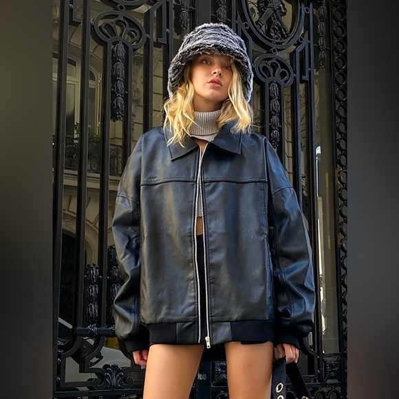 Princess Polly Goldsmith Faux Leather Bomber Jacket Black Oversized US 6 - Picture 9 of 15